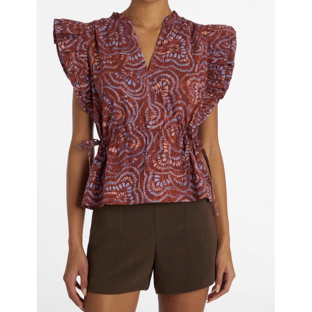 Marie Oliver Blouse XS Cotton Ruffle Flutter Sleeve Tie Waist Boho Print Top